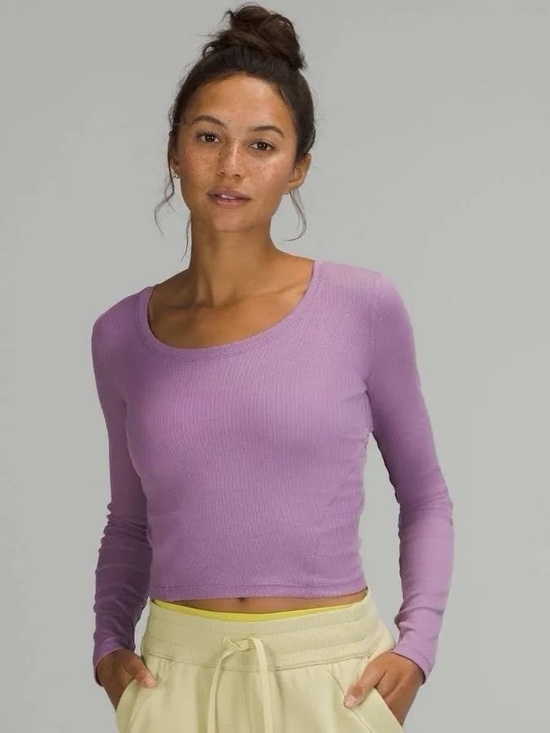 lululemon athletica Tops - Lululemon Ribbed Knit Open Back Wisteria Purple Cropped Long Sleeve Top
